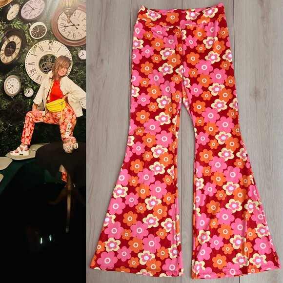 60s Marsha Brady-Inspired Floral Bell Bottom Legging Pants w/ Elastic Waist (L) - Picture 12 of 12